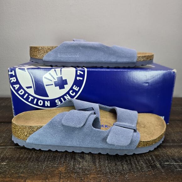 NEW Birkenstock Arizona Womens Size 8 EU 39 Narrow Sandals Suede Blue Brown Soft - Picture 1 of 10